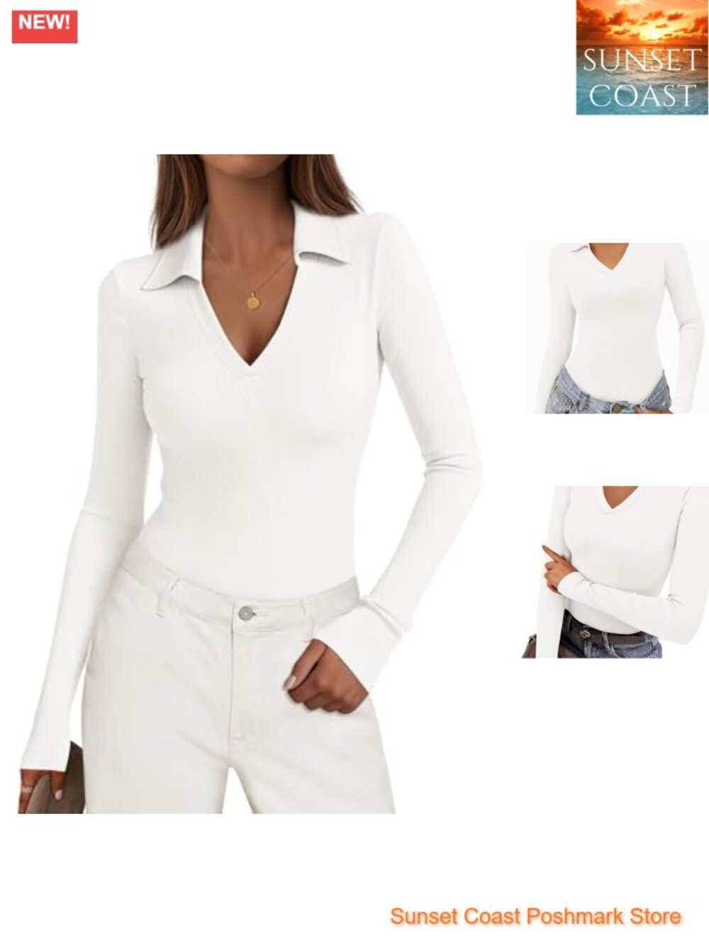 Ribbed Knit V-Neck Long Sleeve Polo Shirt